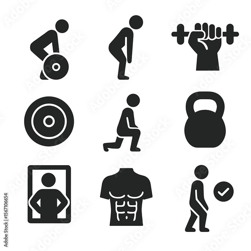 Strength Training Icons. Solid, filled icons set of strength training technique: deadlift bar, hip hinge, grip