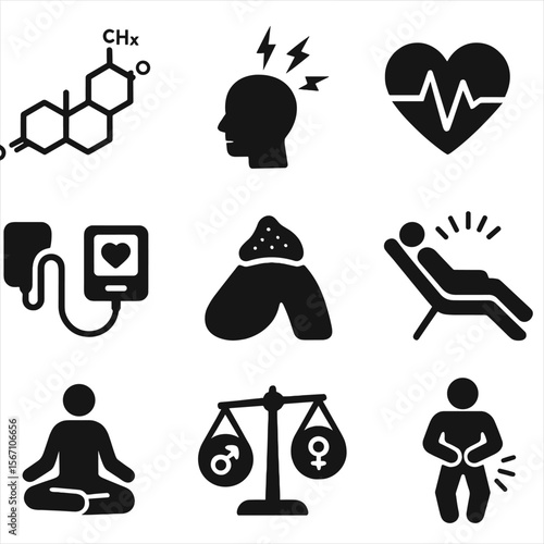 Stress and Hormones Icons. Solid, filled icons set of stress and chronic disease link: cortisol molecule,