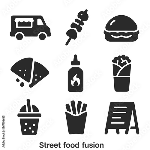 Street Food Icons. Solid, filled icons set of street food fusions: food truck, skewer icon, bao bun,