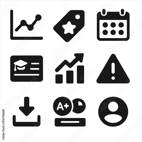 Student Dashboard Icons. Solid, filled icons set of student performance dashboard: analytics graph, GPA tag,