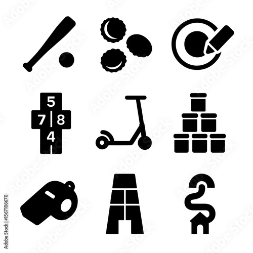 Street Game Icons. Solid, filled icons set of street games and childhood fun: stick ball, bottle caps, chalk