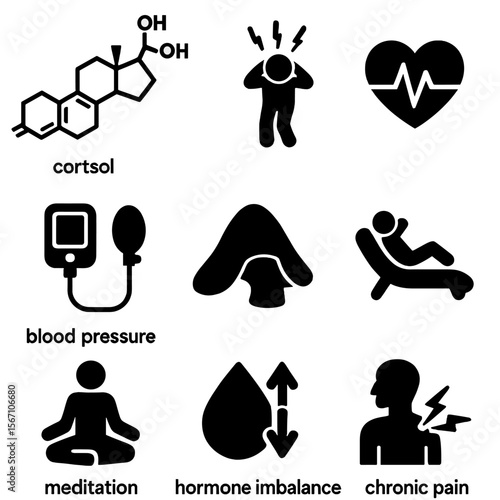 Stress and Hormones Icons. Solid, filled icons set of stress and chronic disease link: cortisol molecule,