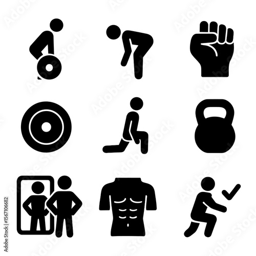 Strength Training Icons. Solid, filled icons set of strength training technique: deadlift bar, hip hinge, grip