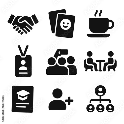 Student Networking Icons. Solid, filled icons set of student networking events: handshake, icebreaker cards,