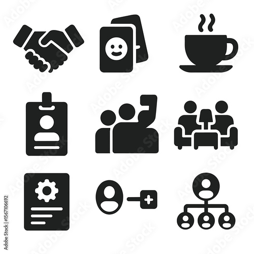 Student Networking Icons. Solid, filled icons set of student networking events: handshake, icebreaker cards,