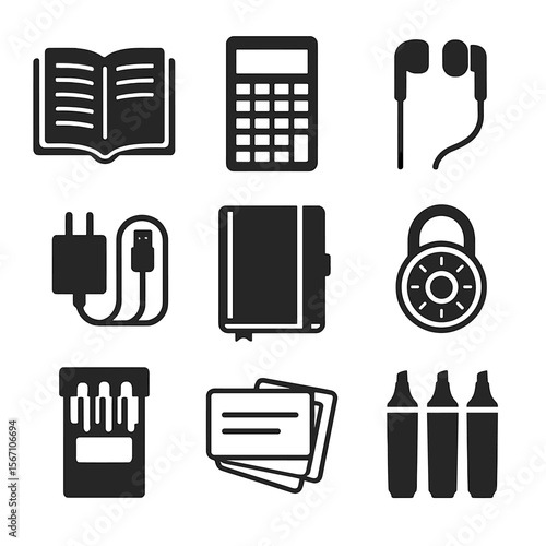 Student Backpack Essentials. Solid, filled icons set of high school student backpack essentials: textbook,