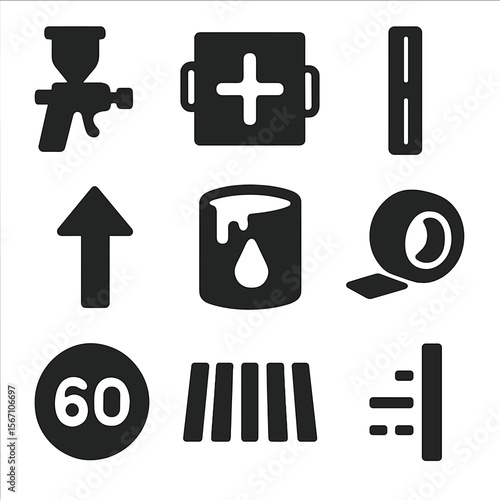 Street Marking Icons. Solid, filled icons set of street marking and painting: paint sprayer, stencil plate,