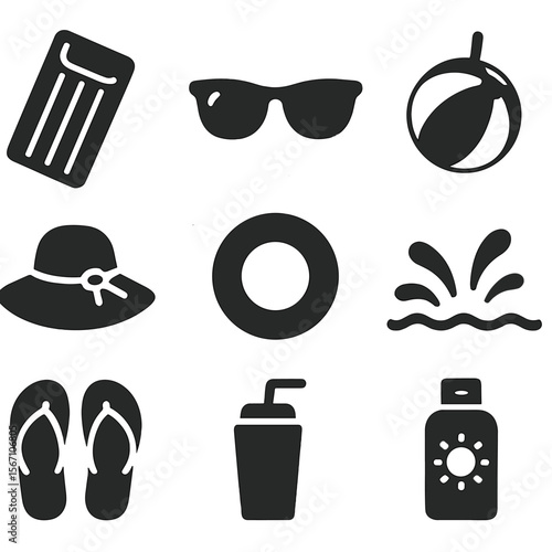 Summer Icons Grid. Solid, filled icons set of floating on an inflatable: pool float, sunglasses icon, beach