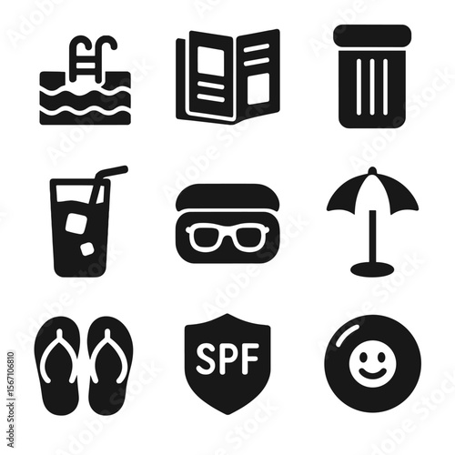 Summer Leisure Icons. Solid, filled icons set of summer leisure lifestyle: pool deck, magazine icon, lounge