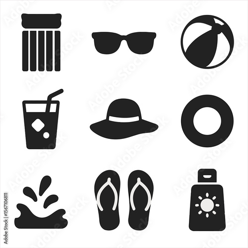 Summer Icons Grid. Solid, filled icons set of floating on an inflatable: pool float, sunglasses icon, beach