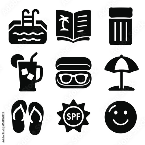 Summer Leisure Icons. Solid, filled icons set of summer leisure lifestyle: pool deck, magazine icon, lounge