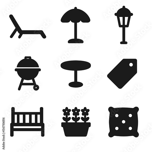 Summer Sale Icons. Solid, filled icons set of home and patio summer sales: lounge chair, patio umbrella,