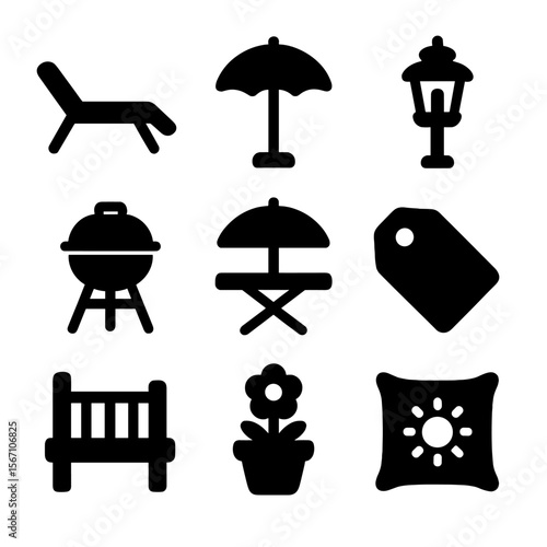Summer Sale Icons. Solid, filled icons set of home and patio summer sales: lounge chair, patio umbrella,