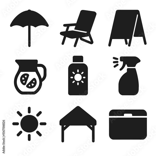 Summer Stand Icons. Solid, filled icons set of outdoor summer stands: picnic umbrella, lawn chair, sidewalk
