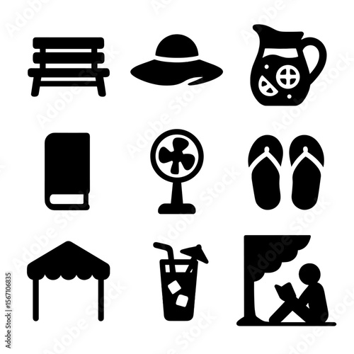 Sunny Day Icons. Solid, filled icons set of sunny day relaxation: reading bench, wide sunhat, lemonade pitcher