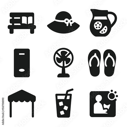 Sunny Day Icons. Solid, filled icons set of sunny day relaxation: reading bench, wide sunhat, lemonade pitcher