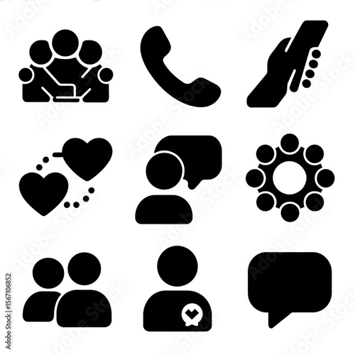 Support Network Icons. Solid, filled icons set of support networks: group hug, phone call, helping hand, heart