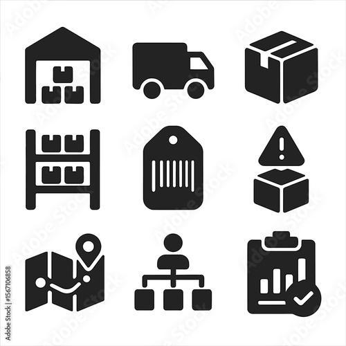 Supply Chain Icons. Solid, filled icons set of supply chain and inventory support: warehouse icon, delivery