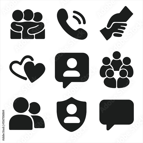 Support Network Icons. Solid, filled icons set of support networks: group hug, phone call, helping hand, heart
