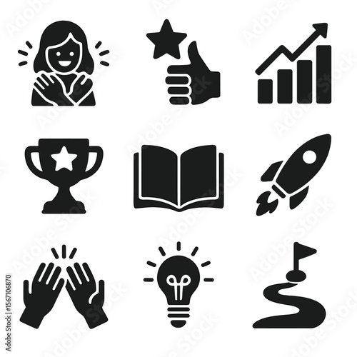Supportive Growth Icons. Solid, filled icons set of supporting your partner’s growth: cheer icon,