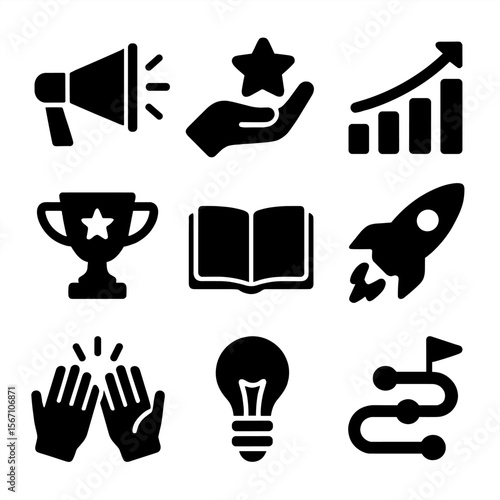 Supportive Growth Icons. Solid, filled icons set of supporting your partner’s growth: cheer icon,