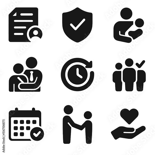 Supportive Workplace Icons. Solid, filled icons set of supportive workplace policies: HR document, policy