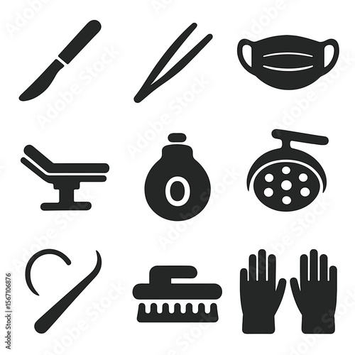 Surgical Instruments Icons. Solid, filled icons set of surgical instruments and procedures: scalpel, forceps,