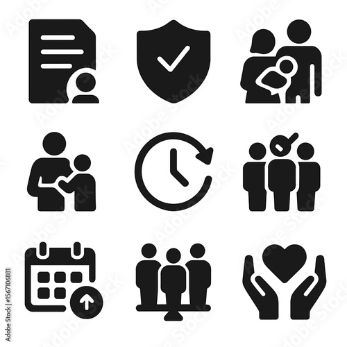 Supportive Workplace Icons. Solid, filled icons set of supportive workplace policies: HR document, policy