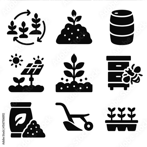 Sustainable Agriculture Icons. Solid, filled icons set of sustainable agriculture and food production ideas: