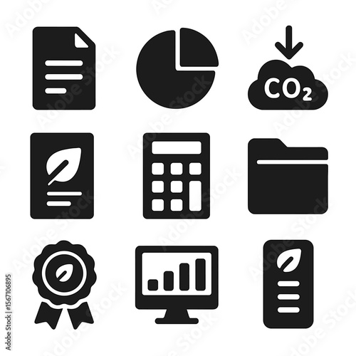Sustainability Icons Grid. Solid, filled icons set of sustainability reporting and credits: document file, pie