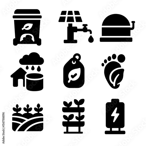 Sustainable Agri-Startup Icons. Solid, filled icons set of sustainable agri-startups: compost processor, solar