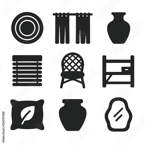 Sustainable Home Decor Icons. Solid, filled icons set of sustainable home decor elements: jute rug, linen