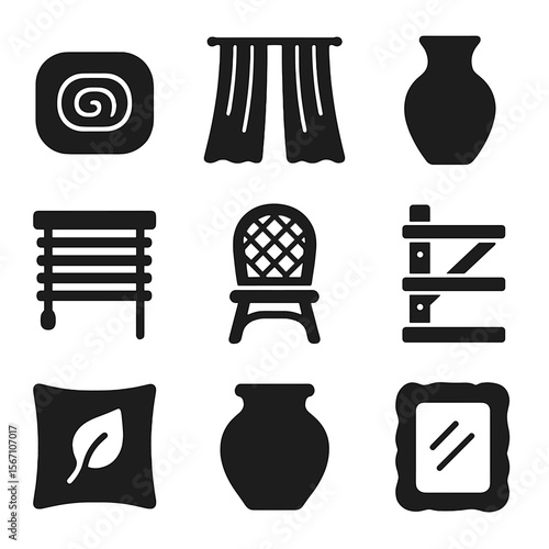 Sustainable Home Decor Icons. Solid, filled icons set of sustainable home decor elements: jute rug, linen