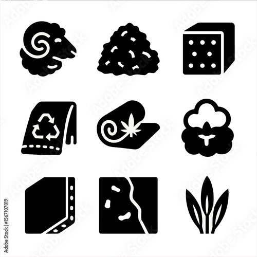 Sustainable Insulation Icons. Solid, filled icons set of sustainable insulation materials: sheep wool,