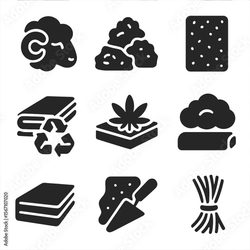 Sustainable Insulation Icons. Solid, filled icons set of sustainable insulation materials: sheep wool,