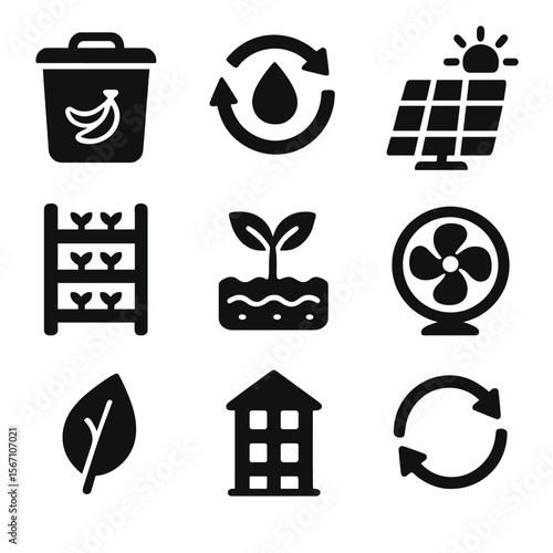 Sustainable Indoor Farming Icons. Solid, filled icons set of sustainable indoor farming: compost bin, water