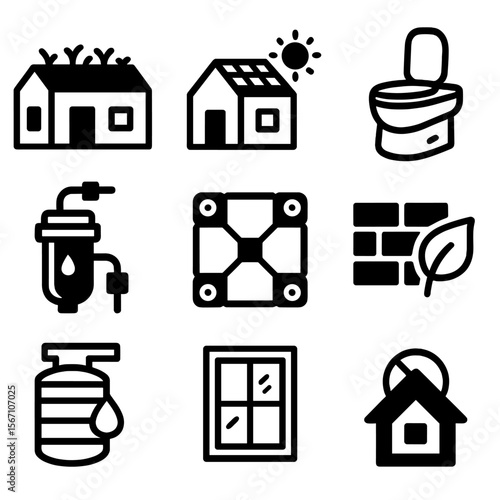 Sustainable Living Icons. Solid, filled icons set of modular eco-living units: green roof, solar shingles,