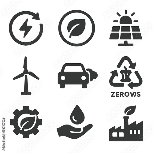 Sustainable Manufacturing Icons. Solid, filled icons set of sustainable manufacturing labels: renewable energy