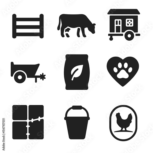 Sustainable Livestock Icons. Solid, filled icons set of sustainable livestock practices: pasture fence,