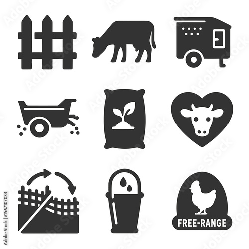 Sustainable Livestock Icons. Solid, filled icons set of sustainable livestock practices: pasture fence,