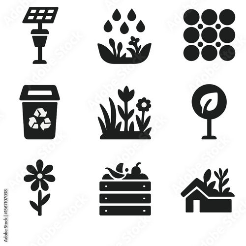 Sustainable Park Icons. Solid, filled icons set of sustainable park infrastructure: solar light, rain garden,