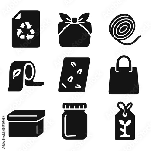 Sustainable Packaging Icons. Solid, filled icons set of sustainable gift packaging: recycled paper, cloth wrap