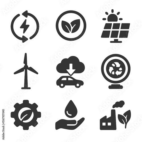 Sustainable Manufacturing Icons. Solid, filled icons set of sustainable manufacturing labels: renewable energy