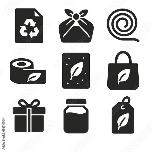 Sustainable Packaging Icons. Solid, filled icons set of sustainable gift packaging: recycled paper, cloth wrap