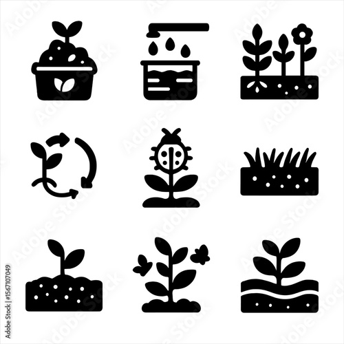 Sustainable Planting Icons. Solid, filled icons set of sustainable planting practices: organic compost,