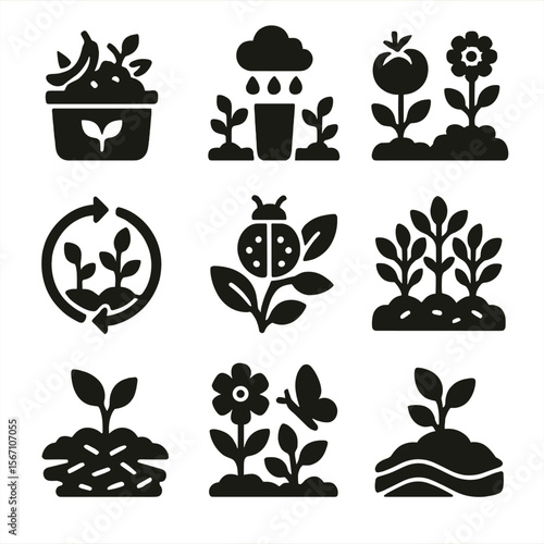 Sustainable Planting Icons. Solid, filled icons set of sustainable planting practices: organic compost,