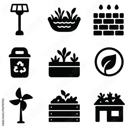 Sustainable Park Icons. Solid, filled icons set of sustainable park infrastructure: solar light, rain garden,