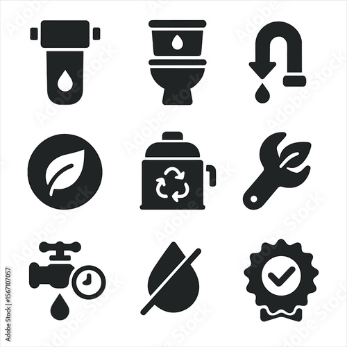 Sustainable Plumbing Icons. Solid, filled icons set of sustainable plumbing practices: water filter, dual