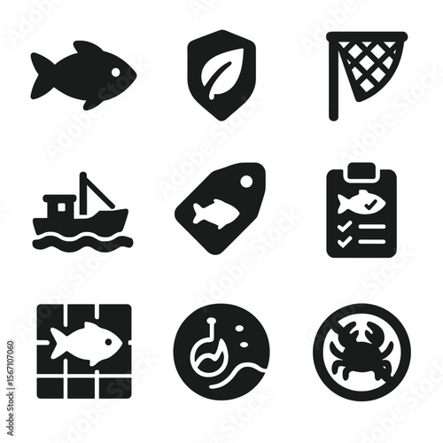 Sustainable Seafood Icons. Solid, filled icons set of sustainable seafood and responsible fishing practices: