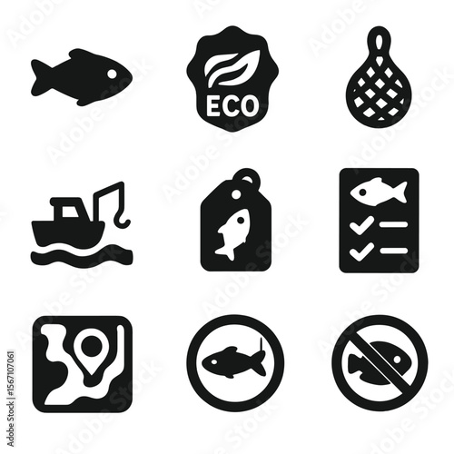 Sustainable Seafood Icons. Solid, filled icons set of sustainable seafood and responsible fishing practices: